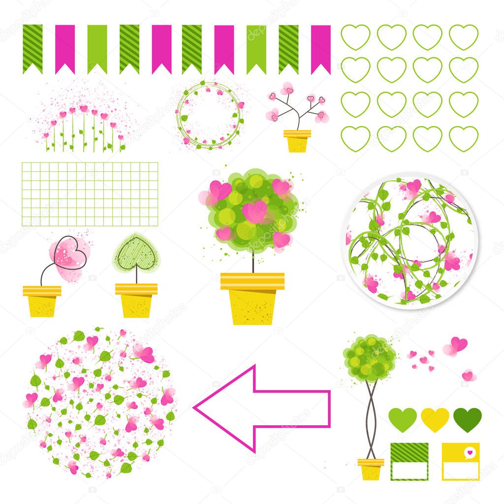 Set of pink and green vector decorative elements.Printable sticker files for holiday cards and wedding invitations. 