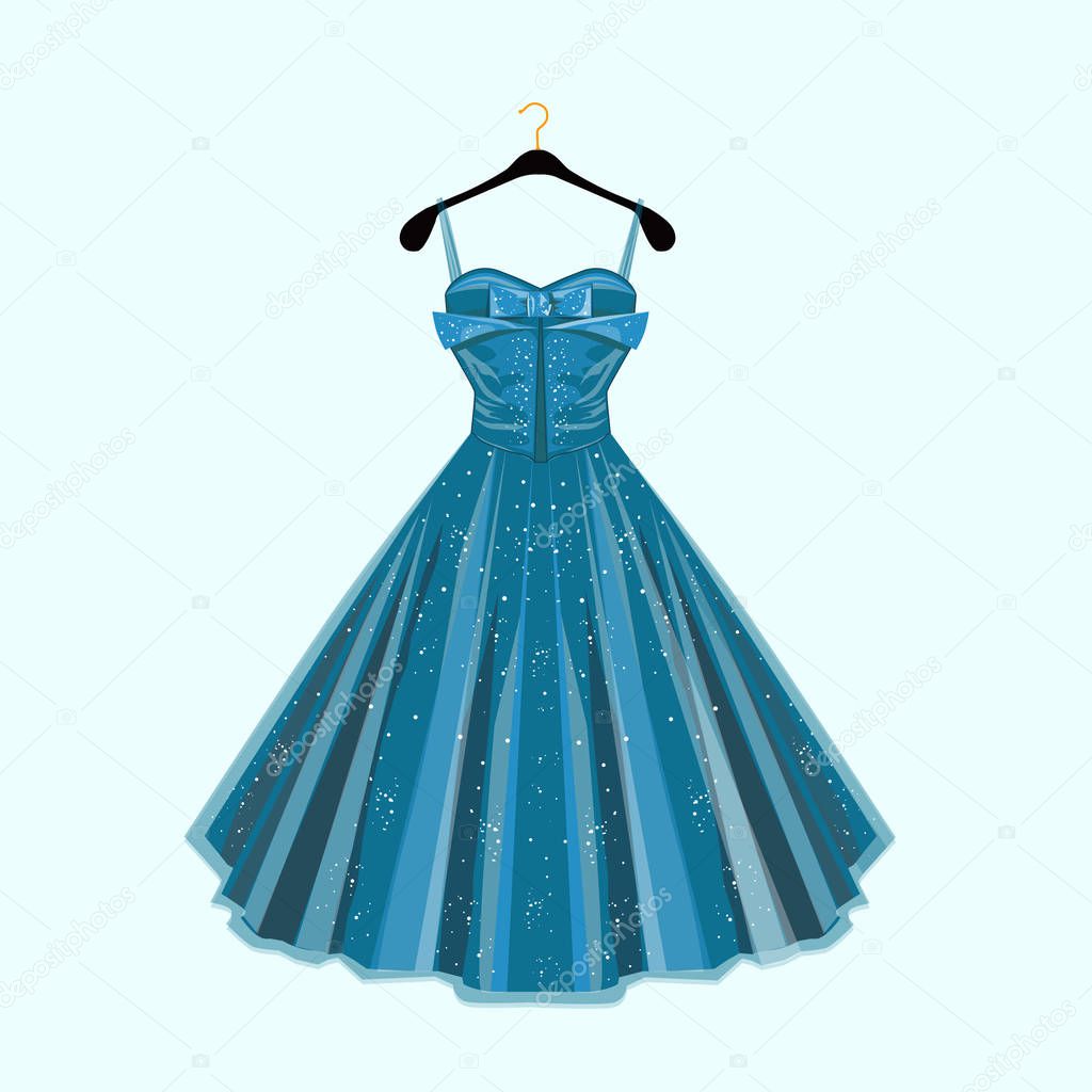 Fashion vector illustration. Blue party dress. 