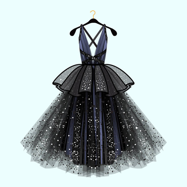Gorgeous party dress. Party dress with fancy decor.Fashion illustration