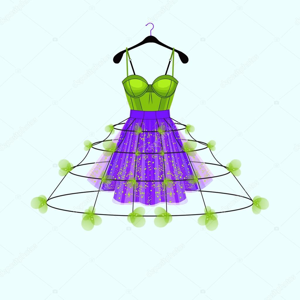 Ultraviolet and fresh green party dress with flower decor. Fashion illustration for party invitation