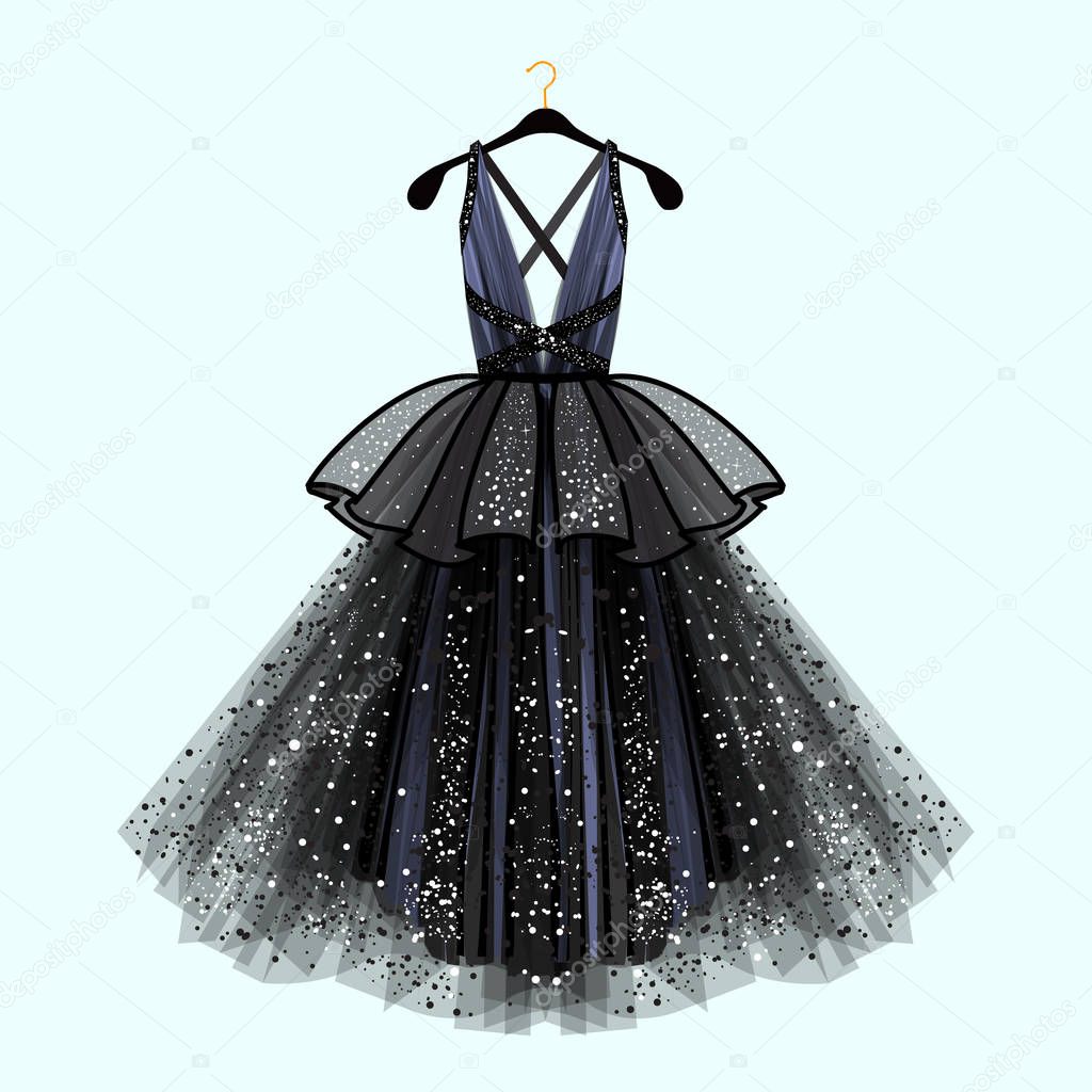Gorgeous party dress. Party dress with fancy decor.Fashion illustration