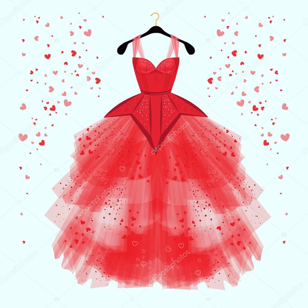 Valentine day party dress with fancy heart decor.Fashion illustration