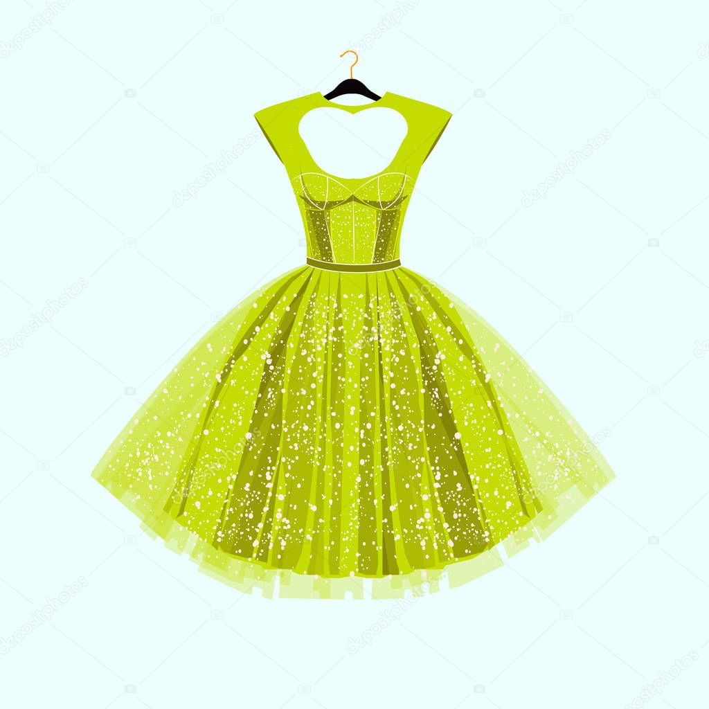 Party lime green dress with fancy decor.Fashion illustration