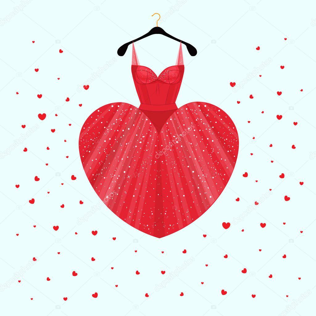 Dress for Valentine day party card with  heart skirt. Vector Fashion illustration