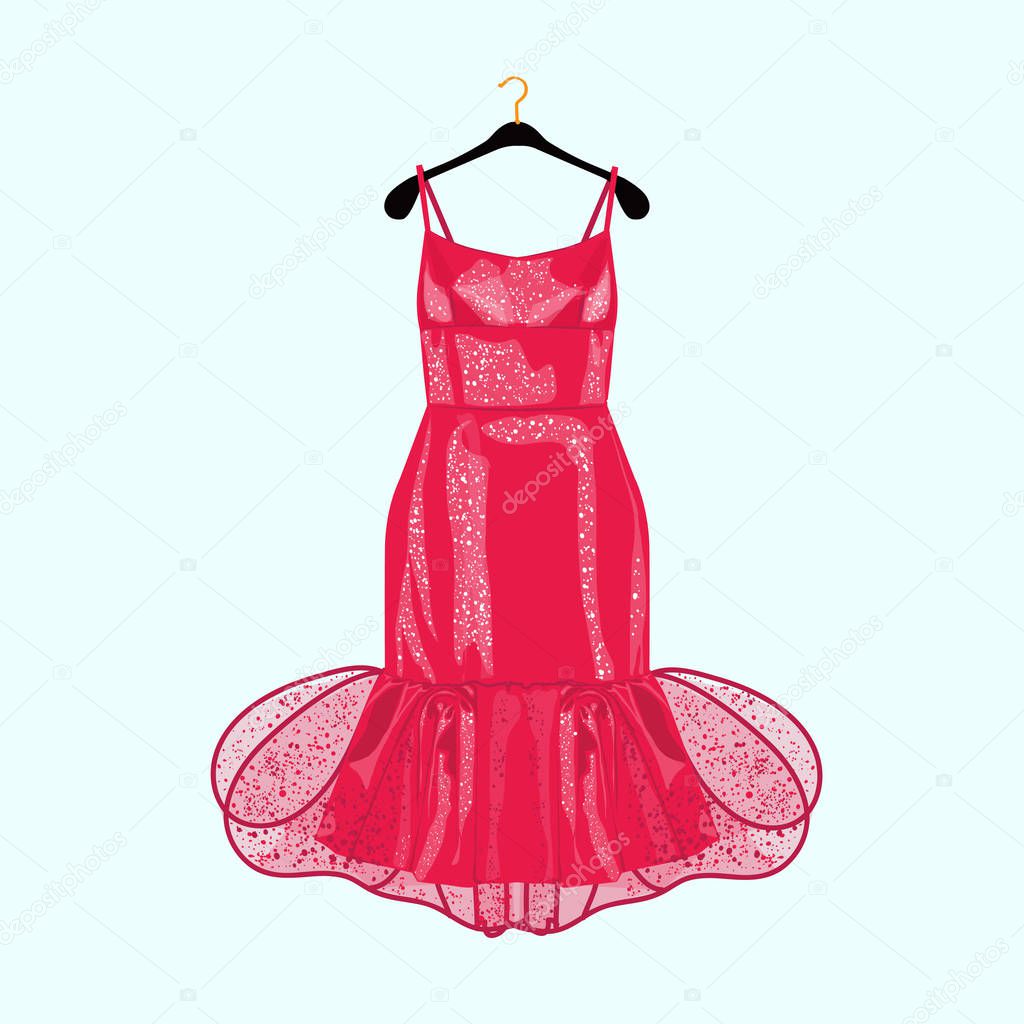 Red party dress with decor. Fashion illustration for shopping catalog