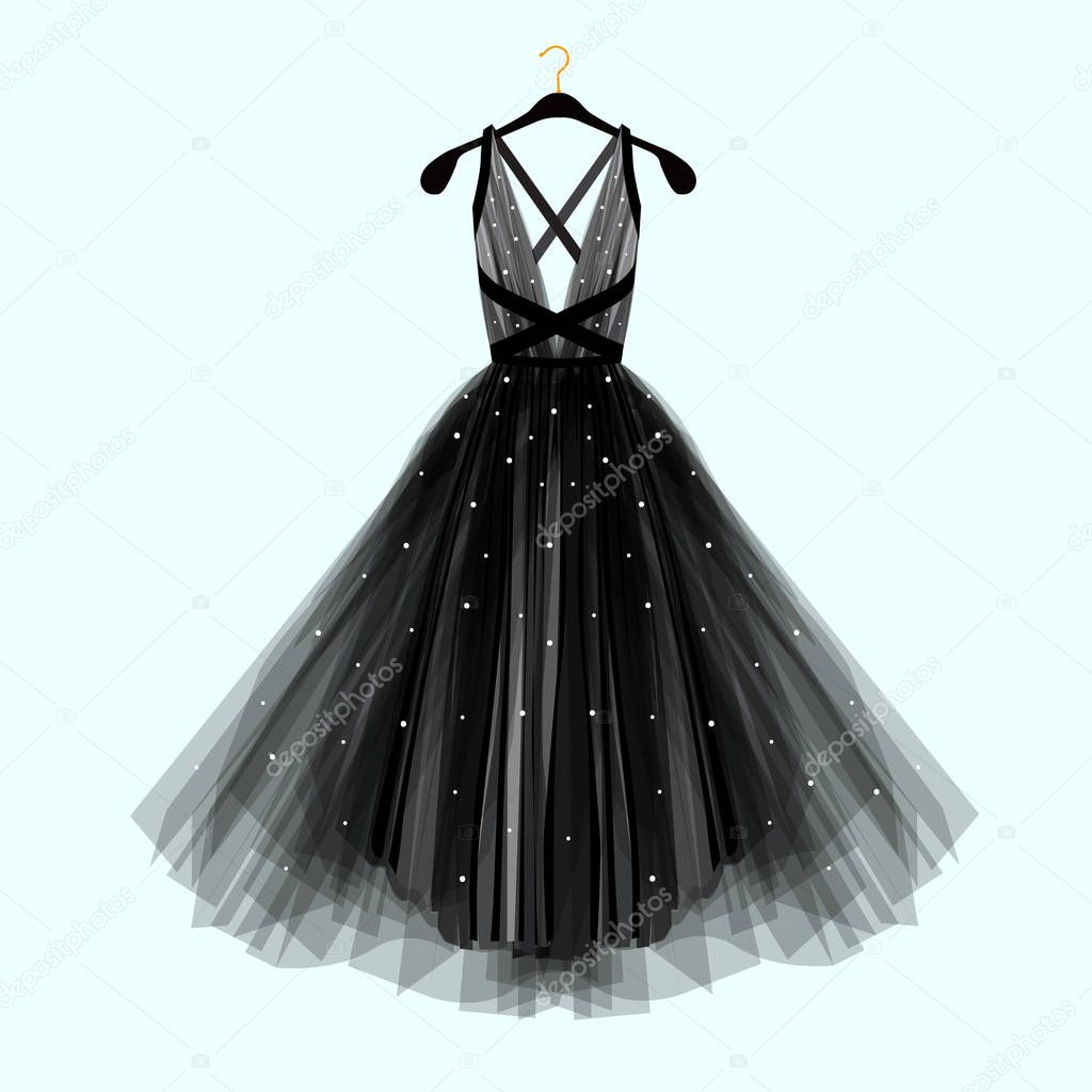 Beautiful black dress for special event. Vector Fashion illustration
