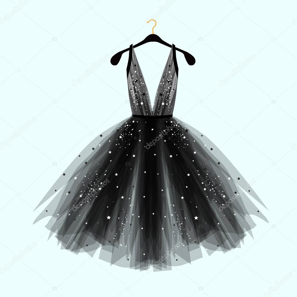 Black fancy dress for special event with decor. Vector Fashion illustration for online shop