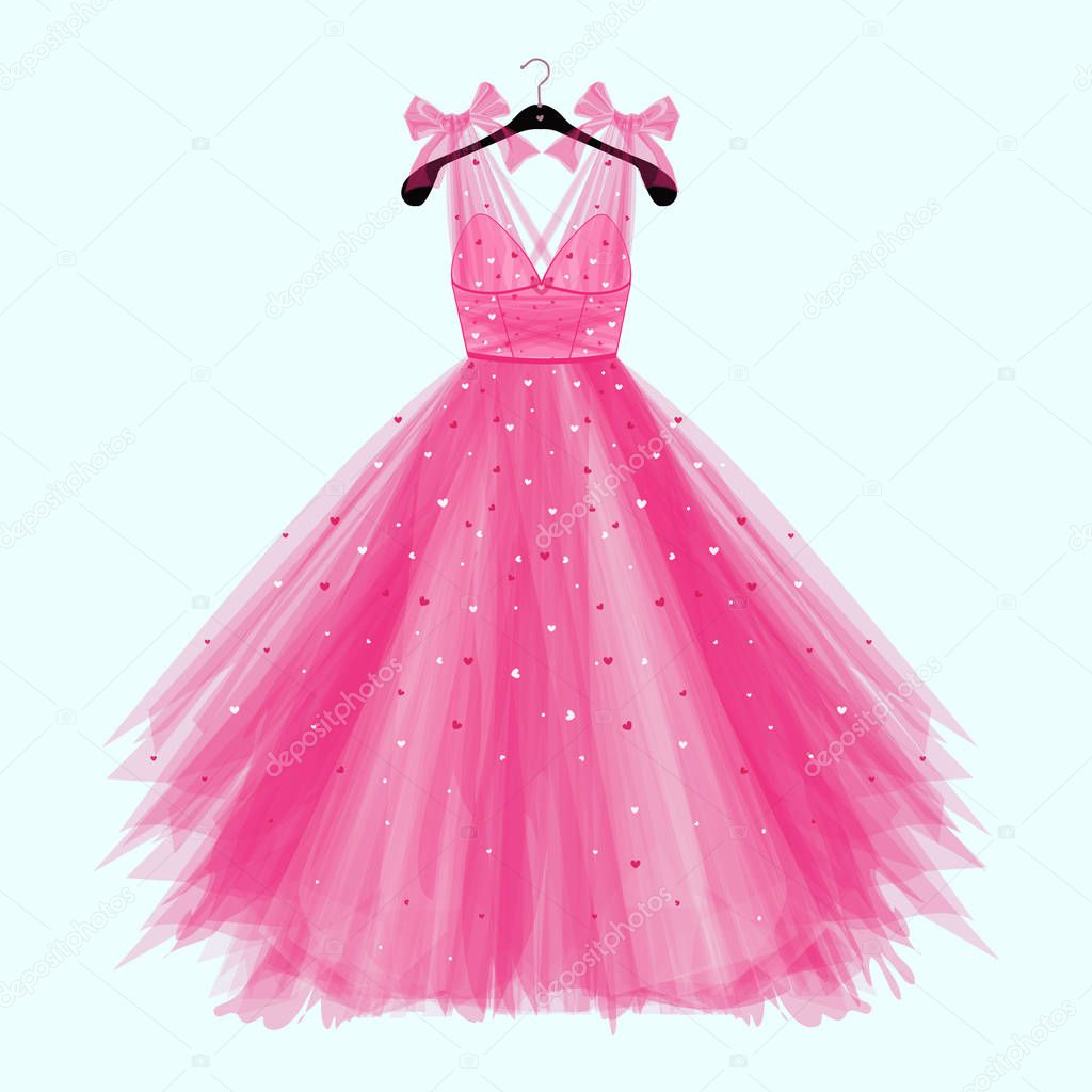 Pink birthday  party dress with bow. Fashion illustration for invitation card