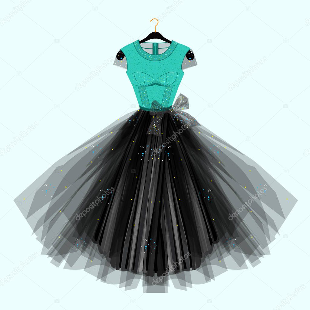 Dress with for special event. Vector Fashion illustration