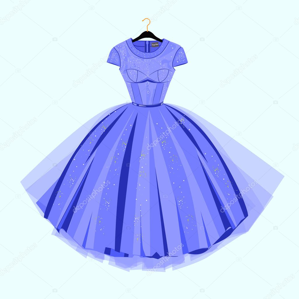 Vintage style party dress. Fashion illustration for  shop catalog.