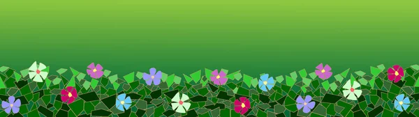 초록색 배경에 모자이크 양식으로 꽃무늬가 부르군 라일락 잎사귀들이 색깔의 다각형으로 — 스톡 벡터