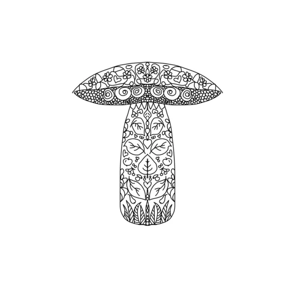 Çemberler, spiraller, yapraklar, kirazlar, elmalar ve armut renklendirme sayfalarından oluşan simetrik desenlerle çizilmiş mantar