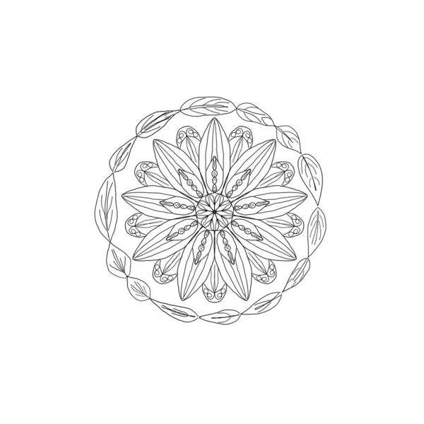 Coloring Book Symmetrical Contour Flower Patterns Wreath Hand Drawn Leaves — Stock Photo, Image