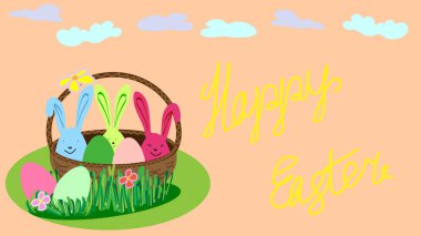 Paskalya yumurtası dolu bir sepet. Tavşan kulaklı üç yumurta, ve sepetin yanındaki çimlerin üzerinde pembe bir zemin üzerinde uzanan sarı el yazısıyla Mutlu Paskalya harfleri