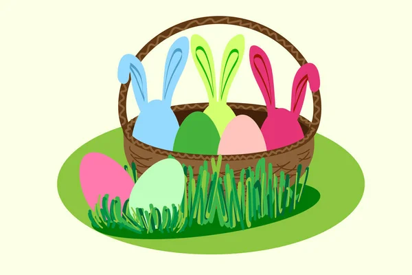 Basket Easter Multi Colored Eggs Three Eggs Rabbit Ears Two — Stock Vector