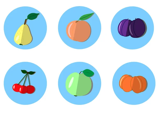 Conjunto Iconos Redondos Con Frutas Pera Amarilla Manzana Verde Melocotón — Vector de stock