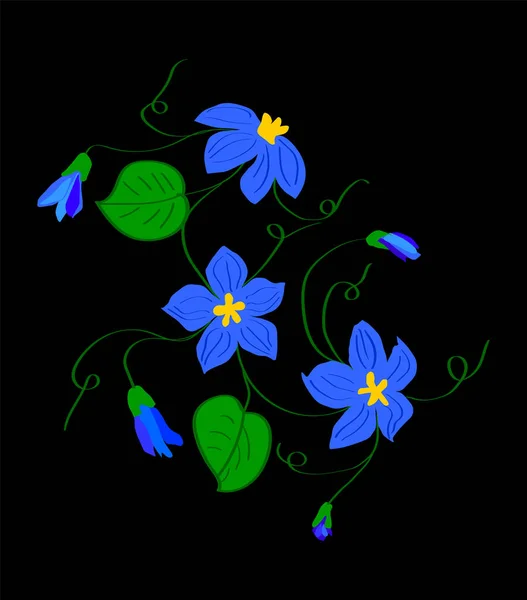Três Flores Azuis Com Centros Laranja Com Caules Videiras Com — Vetor de Stock