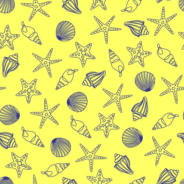 Бесшовный Рисунок Синих Контуров Ракушек Морской Звезды Желтом Фоне — стоковый вектор