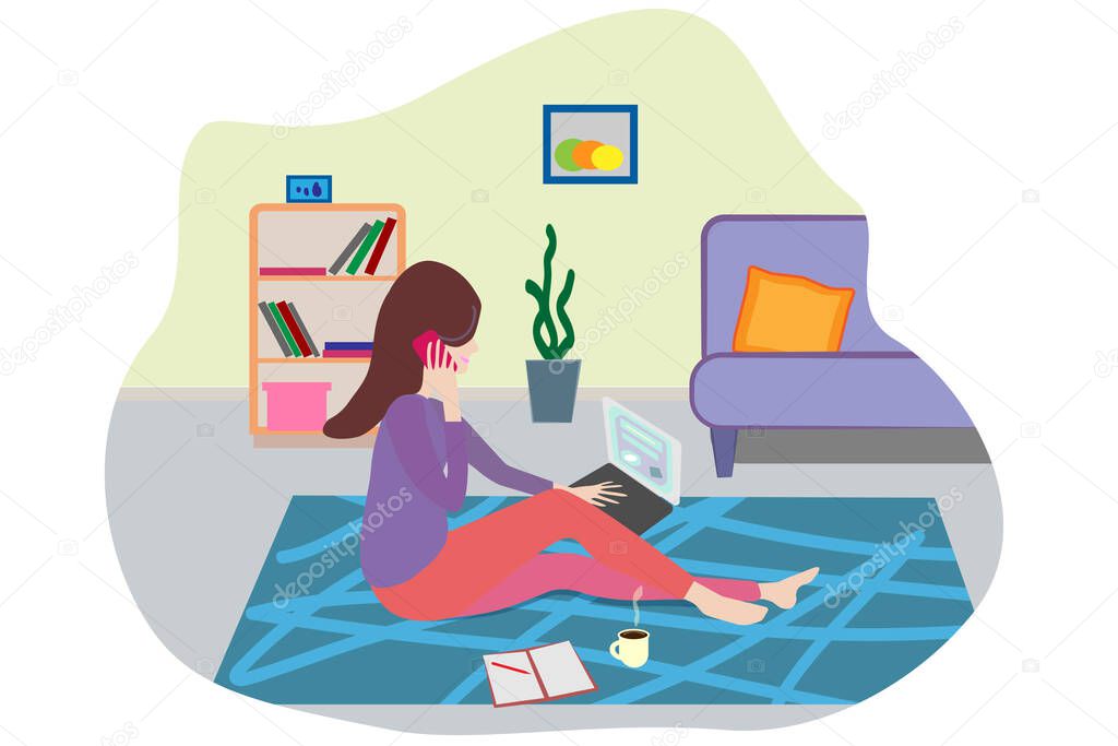 a girl with dark long hair is sitting on the floor in a room with furniture and talking on the phone and looking at a laptop. next is an open notebook and a cup of coffee