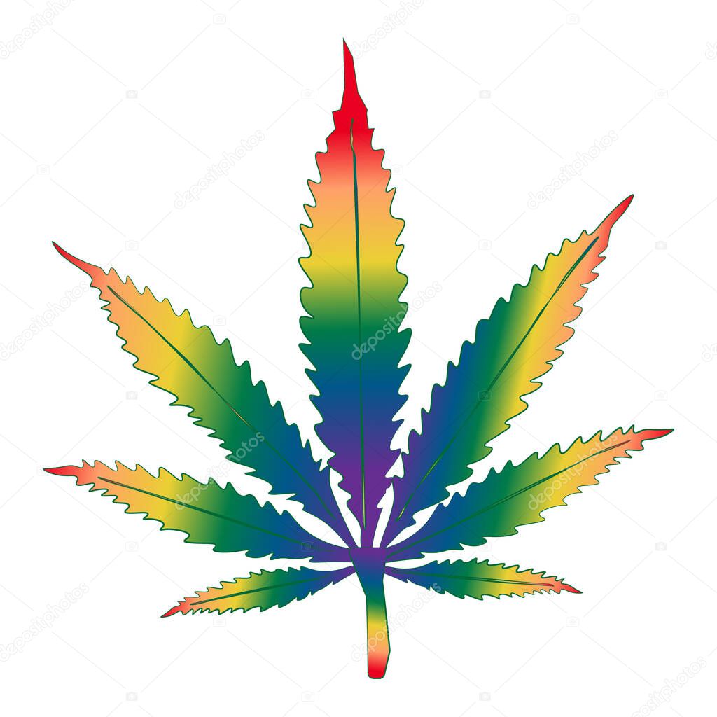 cannabis leaf painted with rainbow colors on a white background. LGBT Symbols