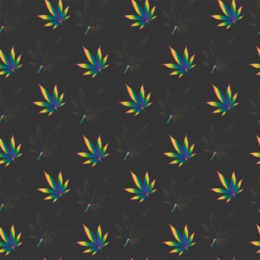 Kenevir yaprakları ve kenevir yaprağının pürüzsüz deseni koyu gri arka planda gökkuşağı renkleriyle boyanmış. LGBT Sembolleri