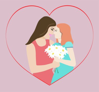 Mavi elbiseli kızıl saçlı bir kız anneme beyaz papatya veriyor. Kahverengi saçlı, kırmızı elbiseli anne pembe arka planda, kalbin dış hatlarında.
