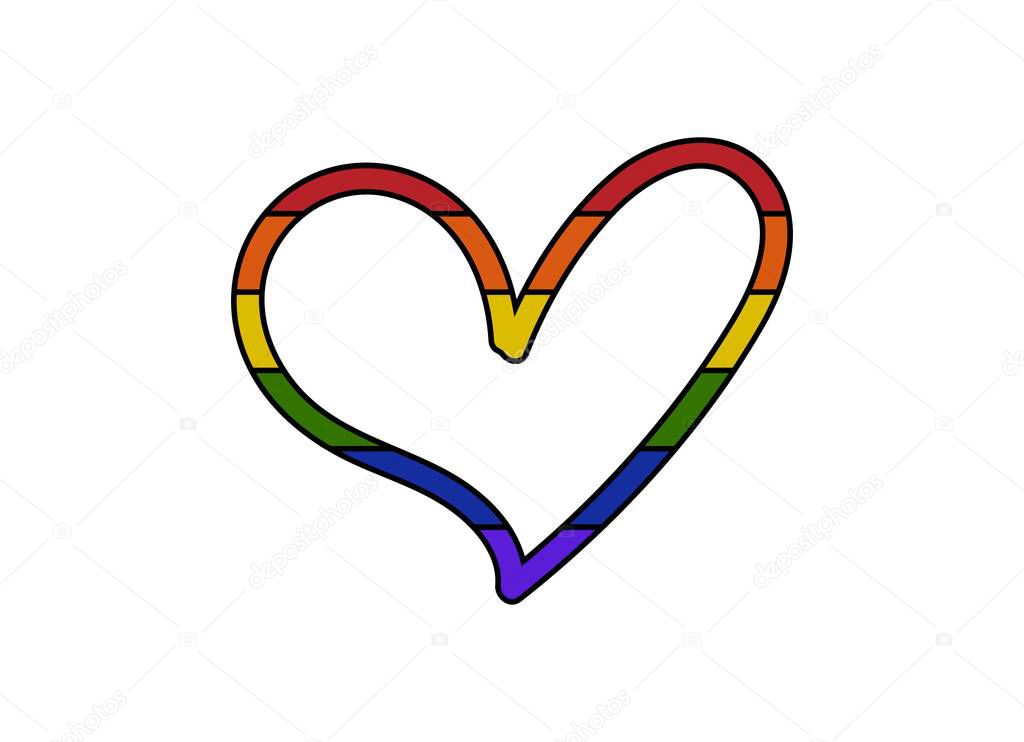 Hand-drawn outline of a heart painted with stripes in the colors of the flag lgbt on a white background. LGBT Symbols