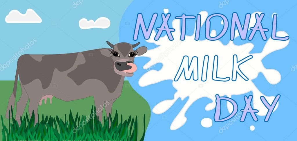 a brown cow with its tongue sticking out stands on a green lawn. inscription handwritten national milk day on a background of milk splash on a blue background