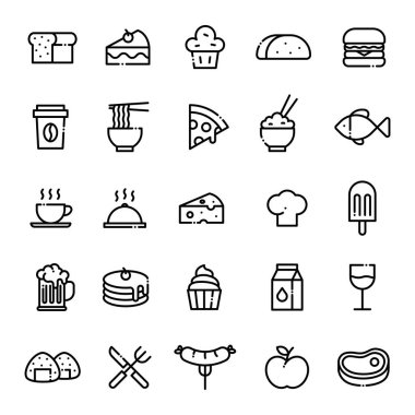 Basit siyah ve beyaz vektör simgesi seti, yiyecek konsepti