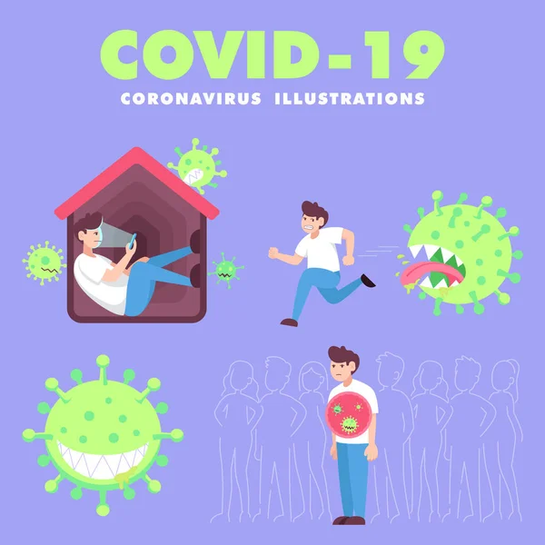 Conjunto Ilustraciones Coronavirus Que Contienen Auto Cuarentena Hombre Huyendo Del — Vector de stock