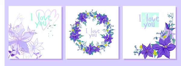 紫色の花の花輪のパターンとはがきで設定します 構成には シームレスなパターン グラフィックと多色の花を持つポストカードが含まれています ライラックと紫の色合いのすべて — ストックベクタ