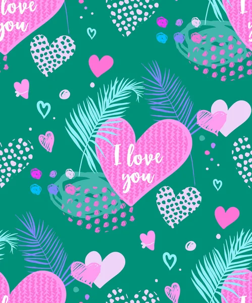 Pattern on a green background with the word i love you — Stock vektor