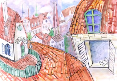 Kiremitlerden yapılmış bir çatı ve suluboya çatıdan yapılmış bir manzara.