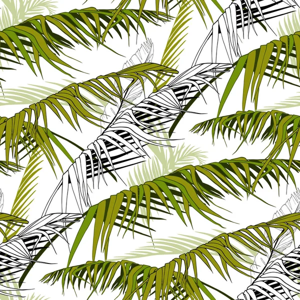 A seamless pattern of disheveled tropical palm leaves in black white — Stock Vector