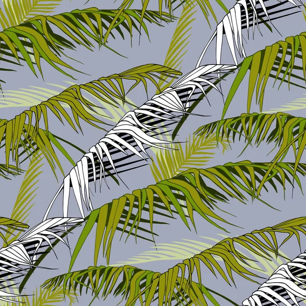 Pattern palm leaves on a gray background black and white — Stok Vektör