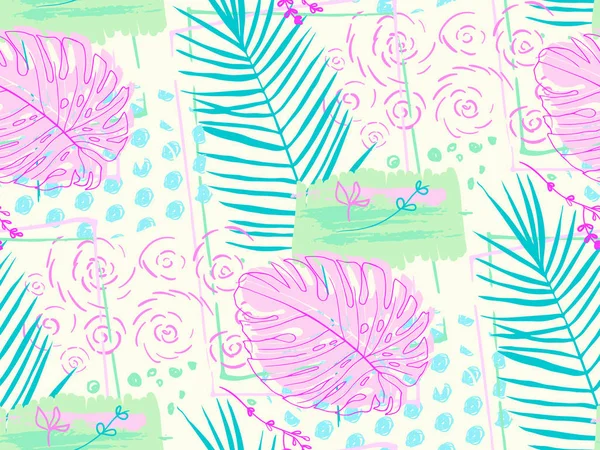 Nahtlose Muster von Doodles und Skizzen tropischer Blätter im Vektor — Stockvektor