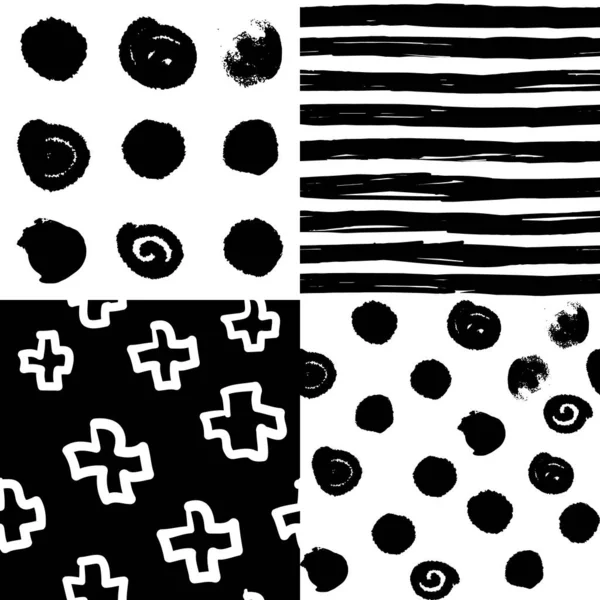 Χωρίς ραφή μαύρο και άσπρο σχέδια με ακανόνιστους κύκλους και σταυρούς — Διανυσματικό Αρχείο