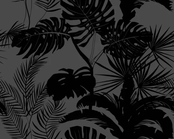 Siyah tropikal bitkilerin siyah siluetlerinin koyu gri arka planında kusursuz desen — Stok Vektör