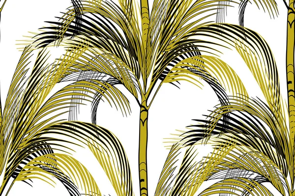 Seamless pattern of tropical palm silhouettes on a white background drawn — Stok Vektör