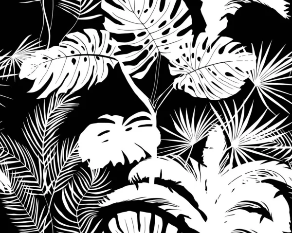 Siyah ve beyaz, tropikal bitki siluetlerinin pürüzsüz deseni — Stok Vektör