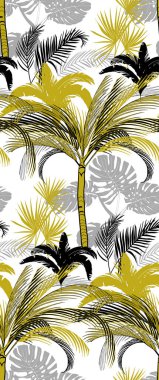 Üç renkli tropikal bitkilerle dikey ve pürüzsüz desen