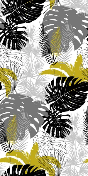 Patrón con plantas tropicales en tres colores negro oro blanco con hojas de monstera — Vector de stock