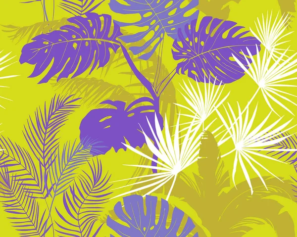 Seamless pattern of silhouettes of tropical plants and their leaves — Διανυσματικό Αρχείο