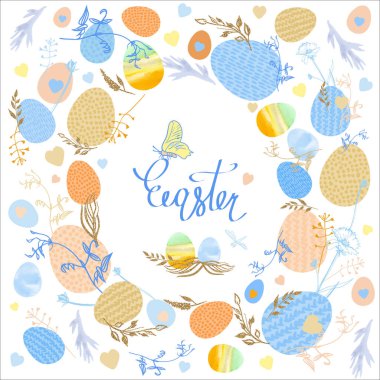 Paskalya posterinde beyaz arka planda yumurtalar ve yazılı Paskalya tabelası var.