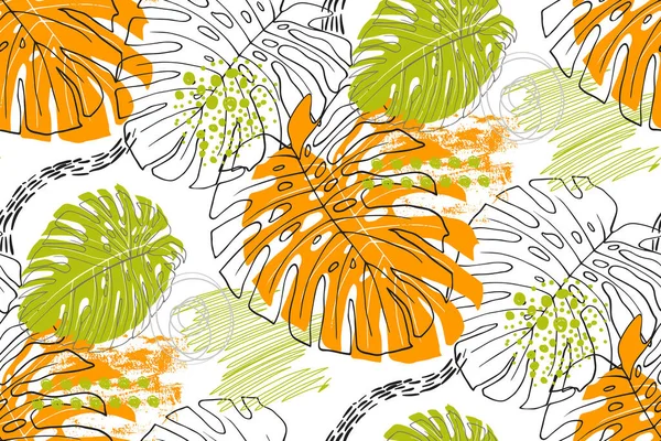 Patrón sin costuras con hojas tropicales de color naranja y verde sobre un fondo blanco — Vector de stock