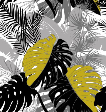 Gri ve siyah renkli tropikal bitkilerle kusursuz monokrom deseni