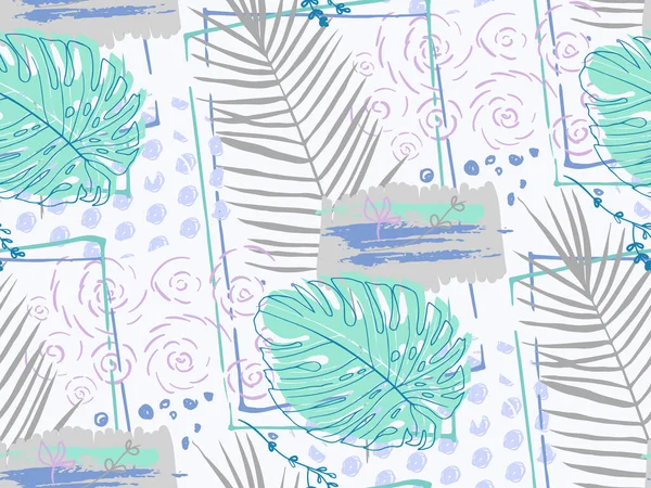 Nahtloses Muster mit tropischem Türkis, blauen und grauen Blättern in freier Hand und Kritzelei — Stockvektor