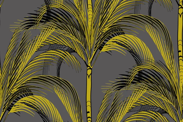 Бесшовный рисунок тропических пальмовых силуэтов на сером фоне — стоковый вектор