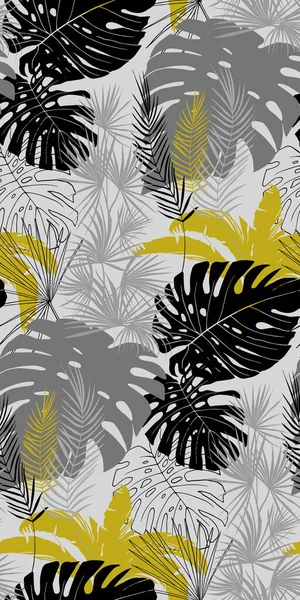 Siyah gri ve altın tonlarında tropikal bitkilerin deseni — Stok Vektör