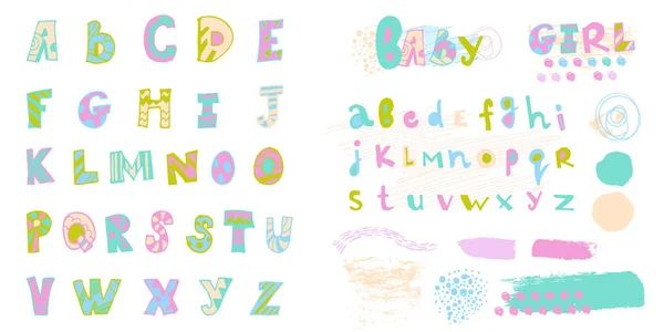 Set kleurrijke lettertype voor kinderen worden getekend met de hand en achtergrond en elementen — Stockvector